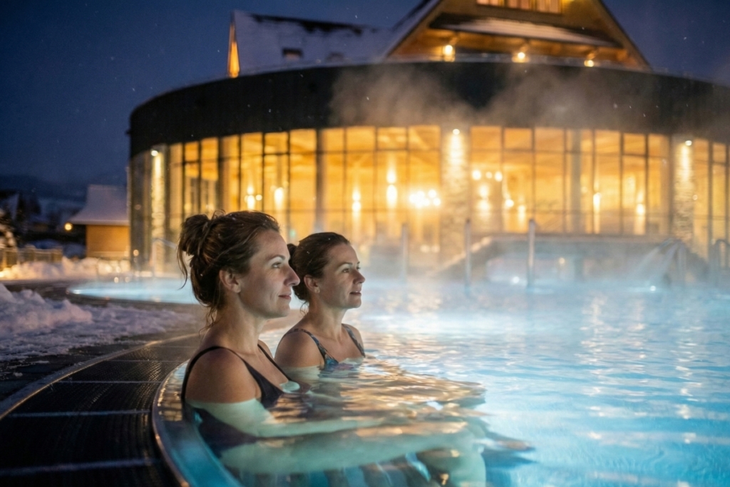 Two women relaxing in outdoor thermal pool at evening with steam rising and illuminated spa building