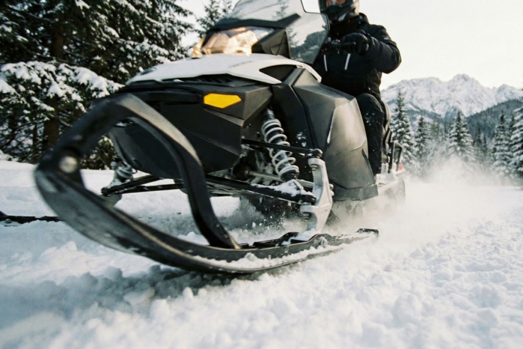 Close-up action shot of snowmobile riding through deep powder snow with flying snow spray in Tatra Mountains forest