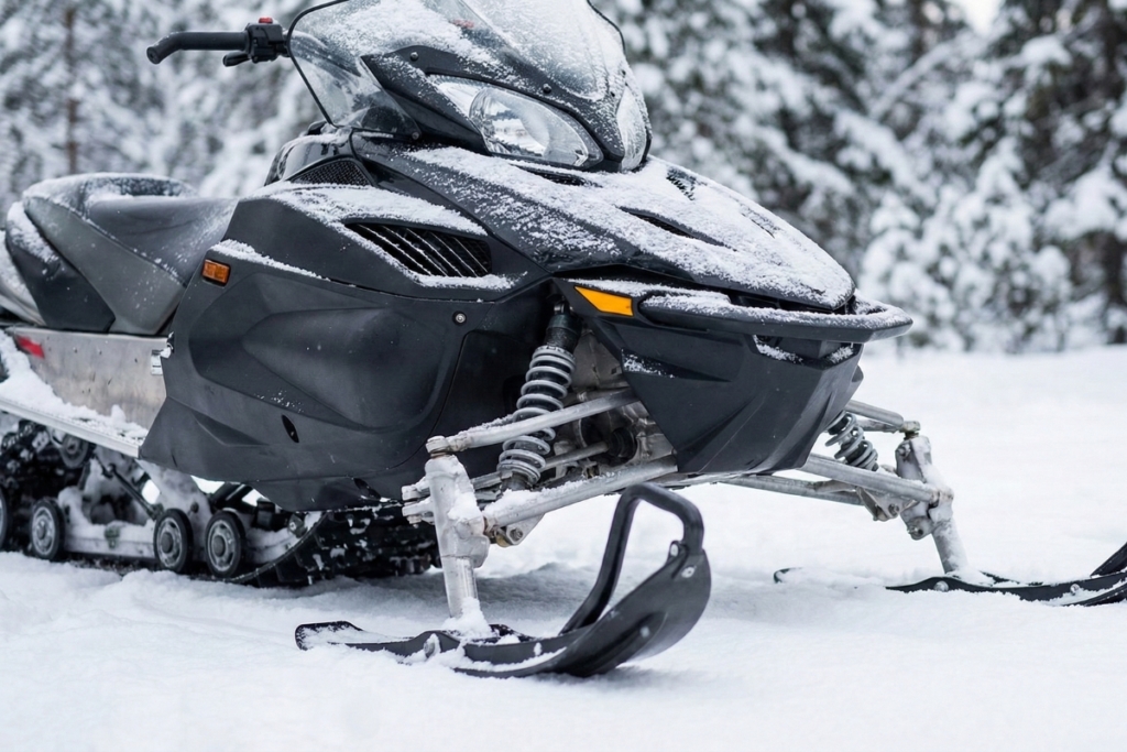Professional snowmobile covered in fresh snow parked in winter forest showing modern equipment details and suspension