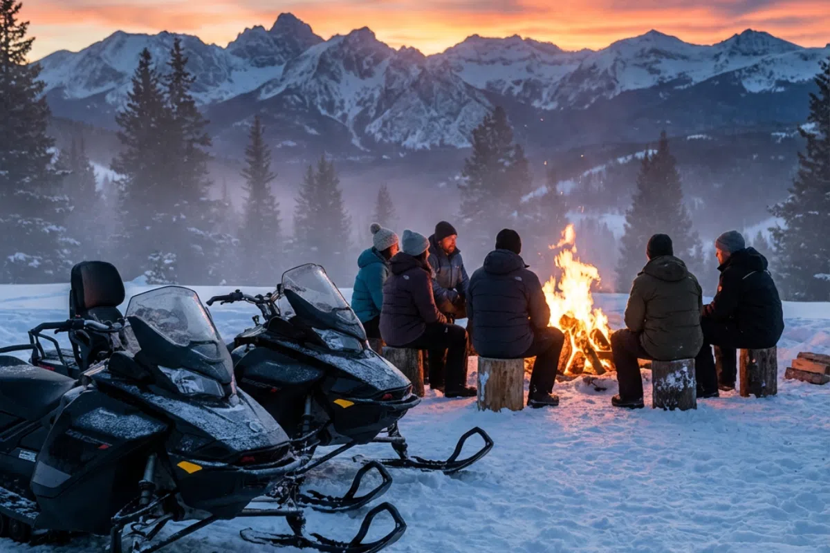 Snowmobile Bonfire Experience in Zakopane with Tatra Mountains Snowmobile tour bonfire in Zakopane with group relaxing by a campfire and Tatra Mountains in the background