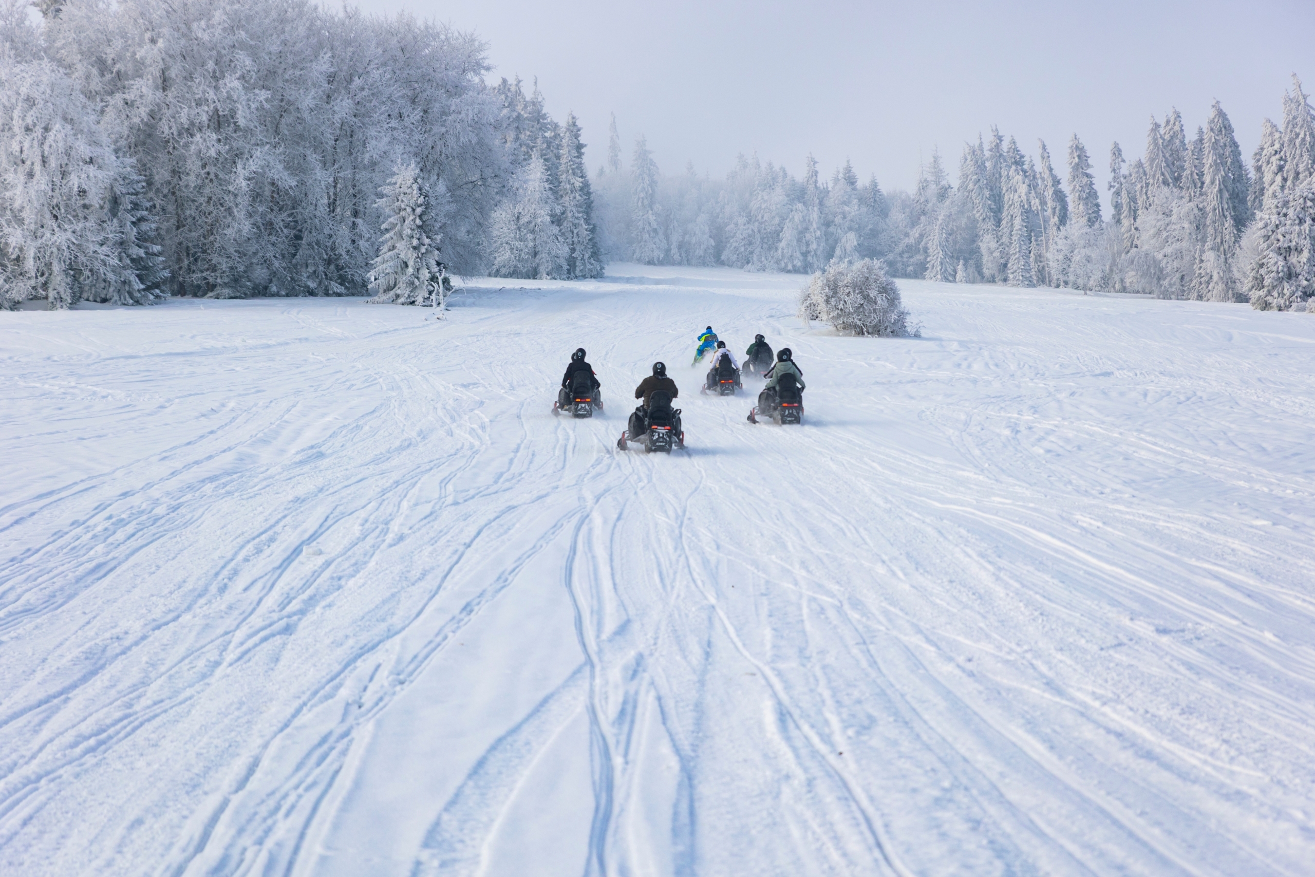 zakopane-snowmobile-tour-valley Group riding across a snowy valley on a Zakopane Snowmobile Tour