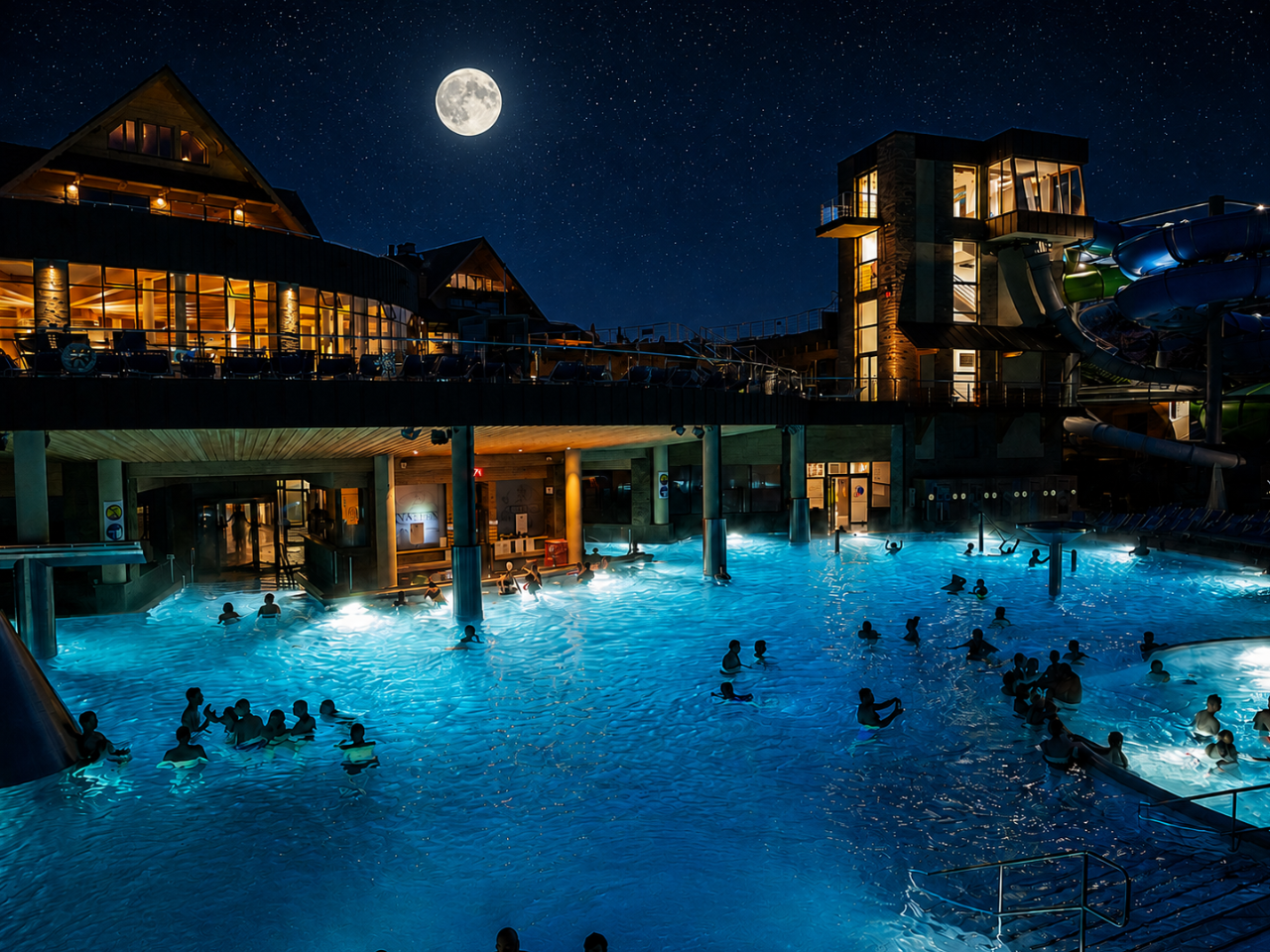 zakopane-thermal-baths-night-pool Outdoor thermal pool near Zakopane at night