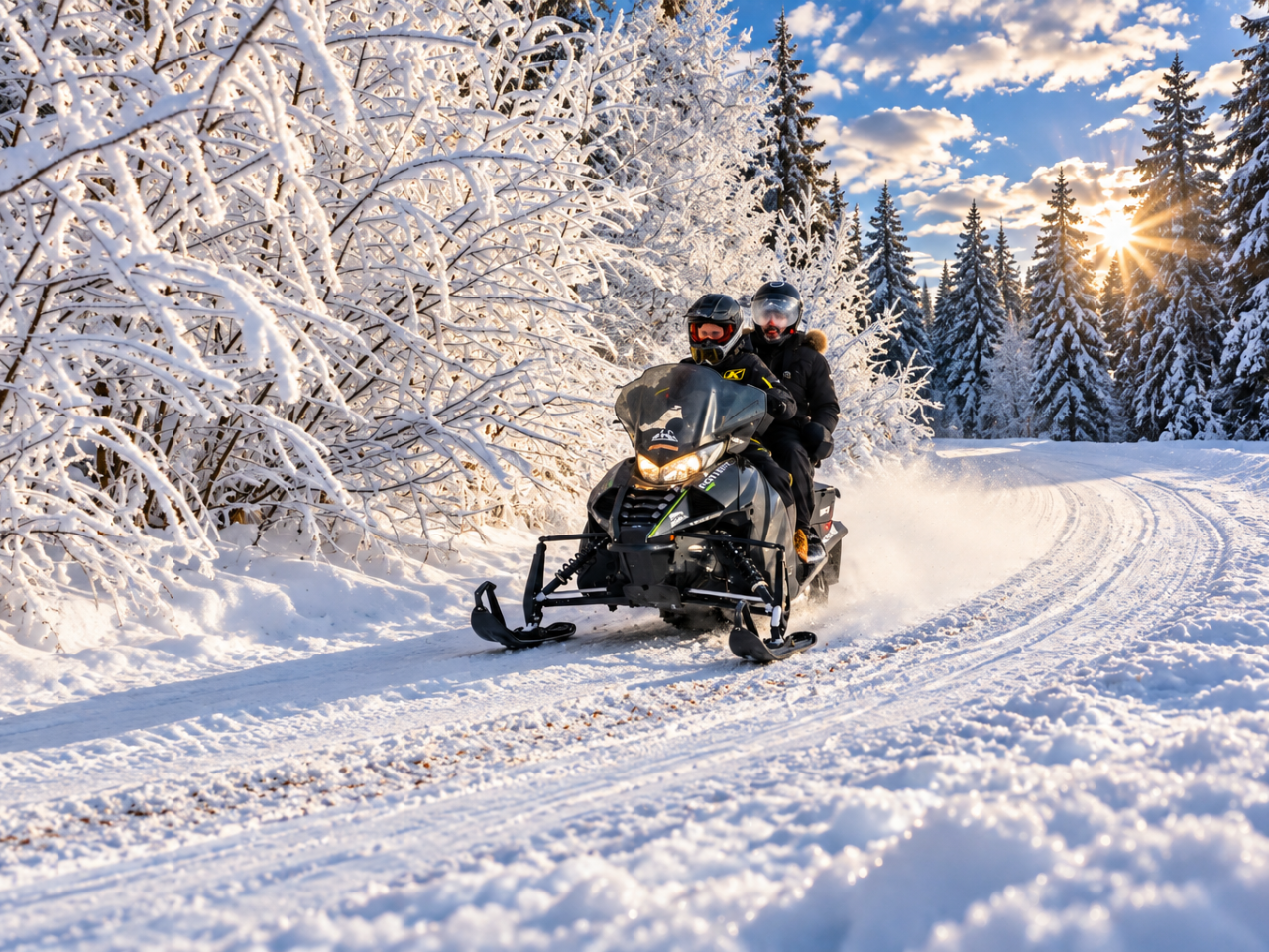 Riding a snowmobile on a forest path Two people riding a black snowmobile along a snow-covered Zakopane forest path at sunset