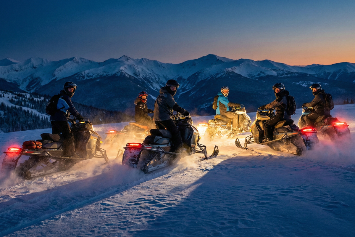 Evening snowmobile tour in the mountains Group of people riding snowmobiles with headlights on in front of snow-capped Tatra Mountains at dusk