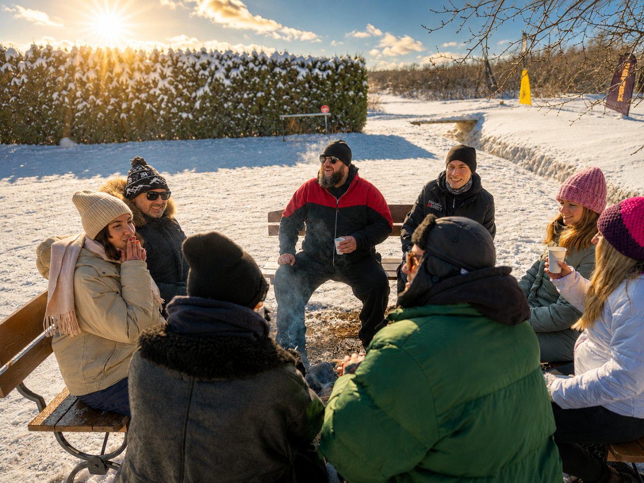 Campfire break during a winter tour Group of people sitting around a campfire on wooden benches in the snow, drinking hot beverages