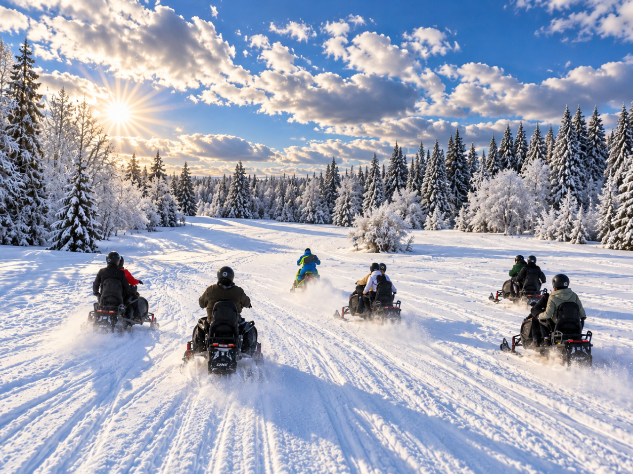 Snowmobile tour across a winter clearing Group of tourists on snowmobiles riding across a wide, snow-covered Tatra clearing towards a frosted forest