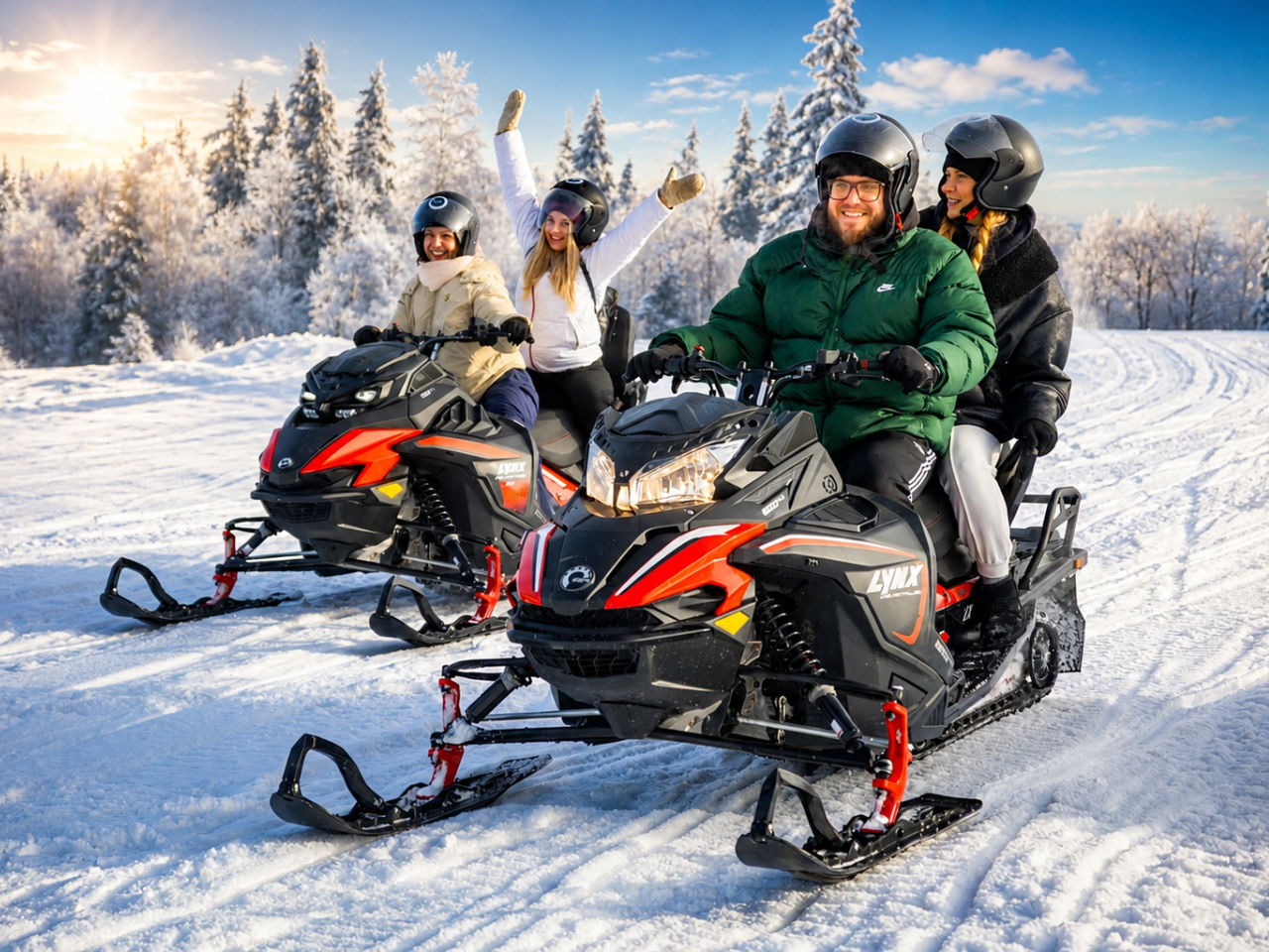 Happy participants on a snowmobile tour Sausages and regional cheese cooking on a suspended metal grill over a campfire in a snowy setting