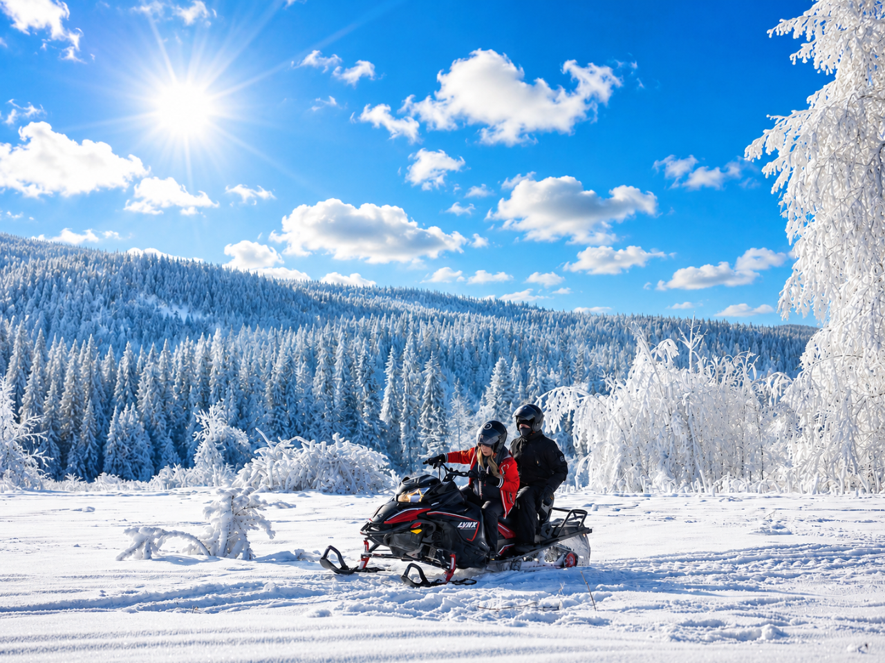 Snowmobile ride with a winter forest view Two people riding a red snowmobile through a snowy Zakopane field with a frost-covered forest in the background