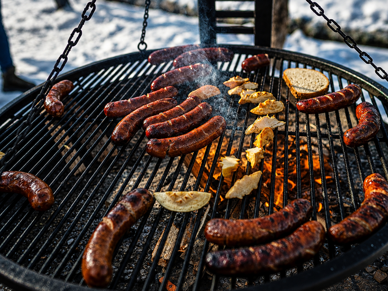 Grilling sausages and cheese over a winter campfire Sausage and oscypek roasting over a highlander campfire