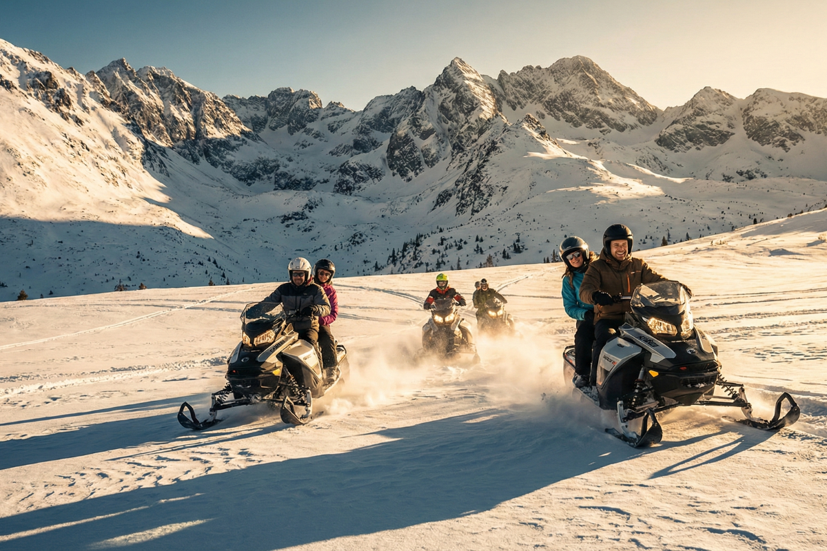 Riding snowmobiles with a mountain view Participants of a winter tour riding snowmobiles on a snowy slope with a view of Tatra Mountains