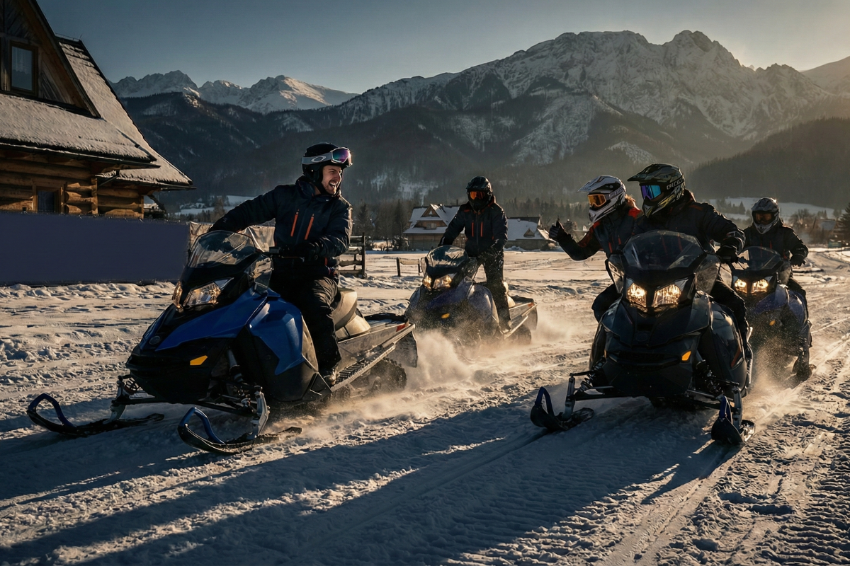 Snowmobile tour past traditional wooden houses A smiling man and other tour participants riding snowmobiles past traditional wooden cabins in winter Zakopane