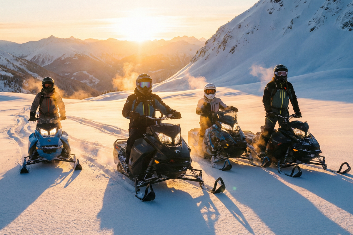 Snowmobiles in a mountain valley at sunset Four people sitting on snowmobiles in a snow-covered Zakopane mountain valley at sunset