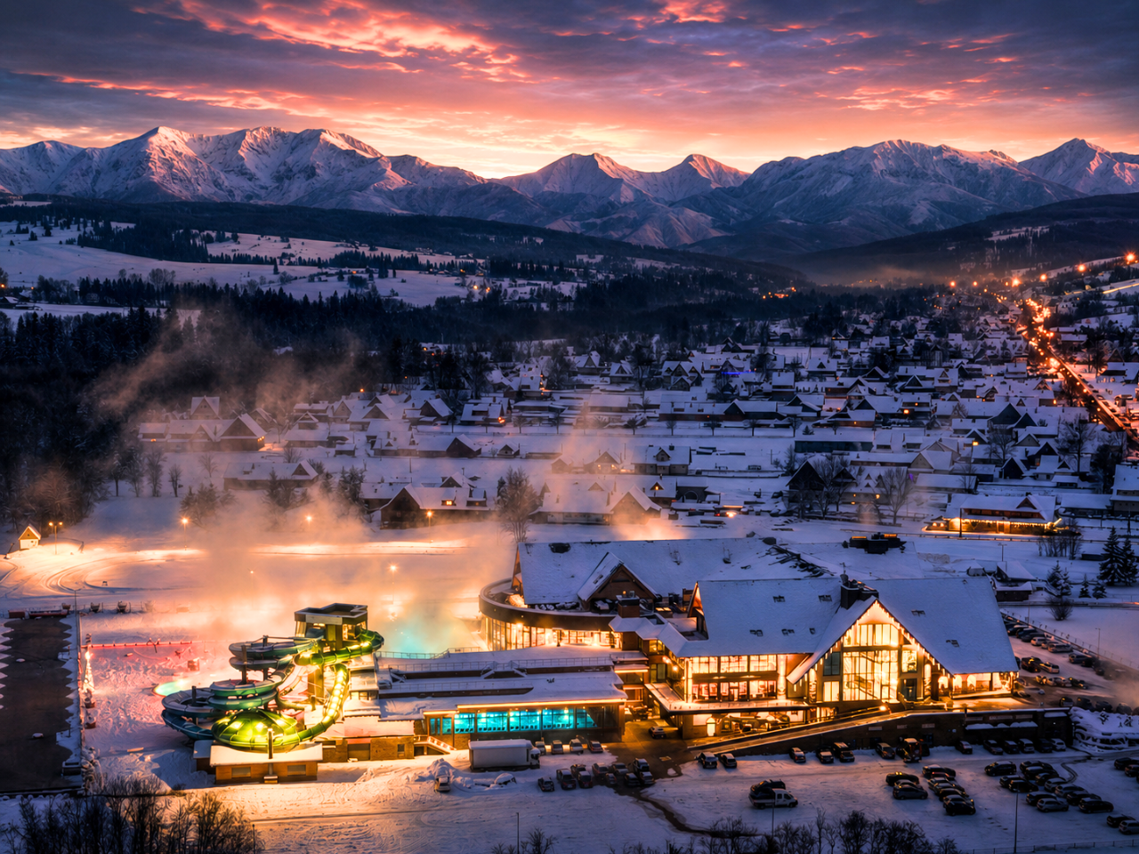 Thermal baths in Zakopane at winter sunset An illuminated thermal pool complex with waterslides in a winter setting under a colorful sunset sky