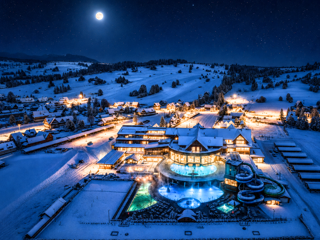 Zakopane thermal pools on a winter night Aerial view of illuminated thermal pools and a snow-covered Chochołów town on a clear winter night
