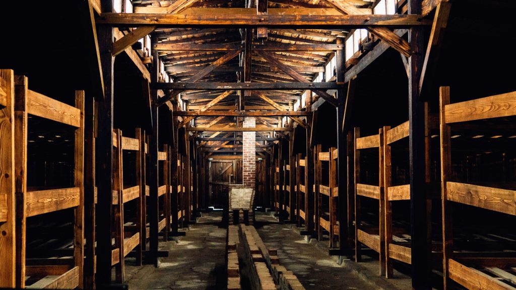 Wooden bunks in Auschwitz concentration camp